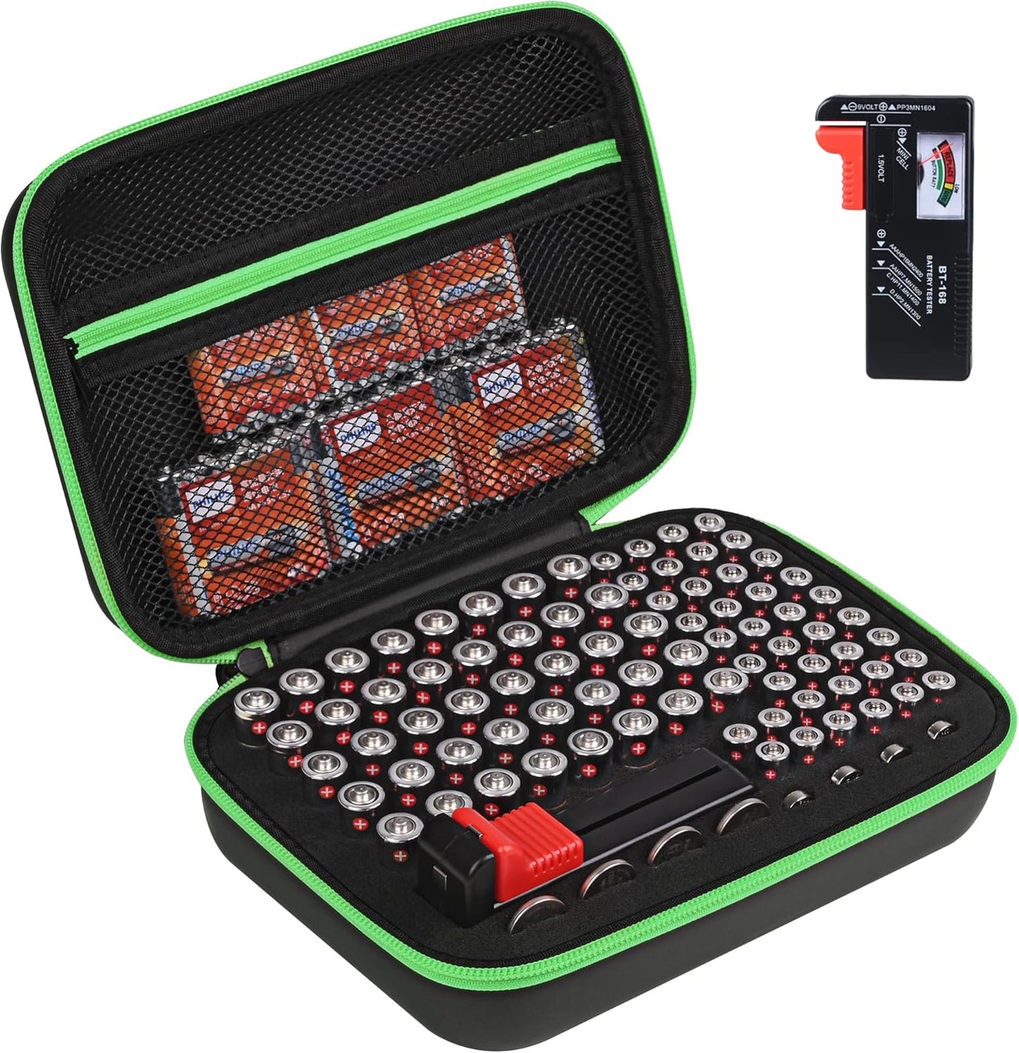 Battery Organizer Storage Case with Tester for AA AAA Button Battery Holder Carrying 3 Batteries Variety Pack 88 Batteries Zipper Mesh Bag (Batteries Not Included) (black-green)