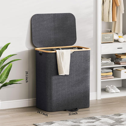 XLHOMO Double Laundry Hamper with Lid and Removable Bags, 150L Large Collapsible 2 Dividers Dirty Clothes Basket with Handles, Beige Double Laundry Basket Organizer for Bedroom,Laundry Room,College