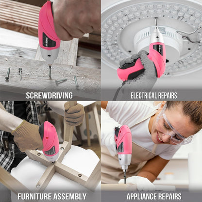 Hi-Spec Cordless Electric Screwdriver, Power Screw Driver Set with Pink Compact Tool Kit for Small Repair and Maintenance- Ideal Housewarming Gift,19 Piece