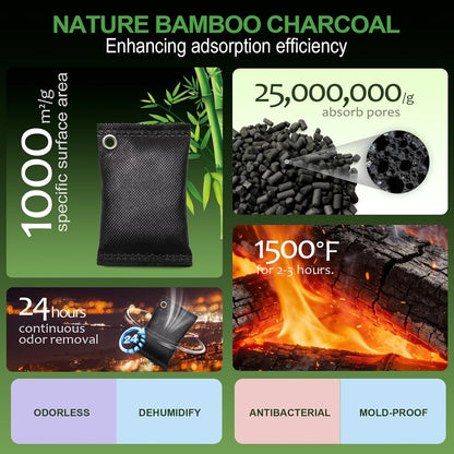 Activated charcoal deodorizer (11 x 100g), bamboo charcoal air purification bags, suitable for dehumidifying, home, refrigerator, shoes, pets, wardrobe, car air freshener deodorant bags.