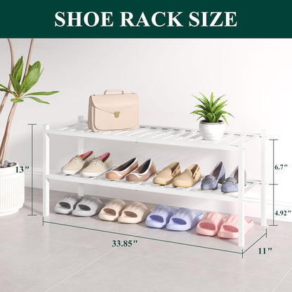 Smiry Bamboo Shoe Rack for Closet, 3 Tier Wooden Shoe Organizer, Stackable Wood Shoe Storage Shelf for Entryway, 14 Vertical Slats, One-piece Heavy-Duty Legs, 26.77"x11.02"x18.31", Natural