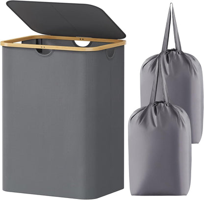 Lifewit 120L Laundry Basket with Lid, Clothes Hampers for Laundry with Bamboo Handles and 2 Removable Bag, Large Foldable Laundry Hamper for Bedroom, Bathroom, Dorm, Laundry Room, Beige