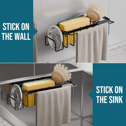 TAILI Sponge Holder with Strong Suction Cup, Dish Sponge Caddy Inside Sink Removable, Rustproof Aluminum for Sponges, Brushes, Stoppers and Scrapers - Black
