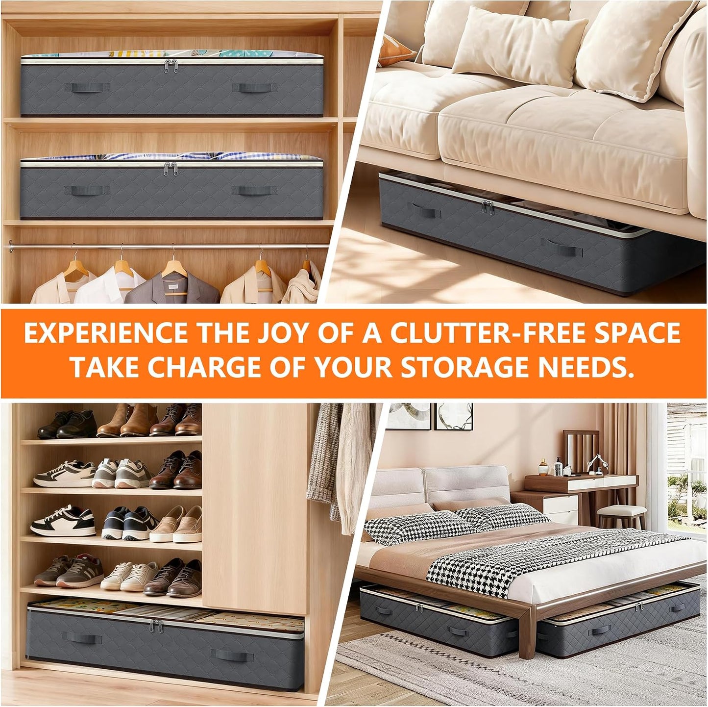 90L Under Bed Storage Containers,4-Pack Closet Organizers and Storage Bins,for Organization and Storage Clothes, Shoes, Blankets & Pillows,Visible Transparent Top Storage Bins with Lids, Grey