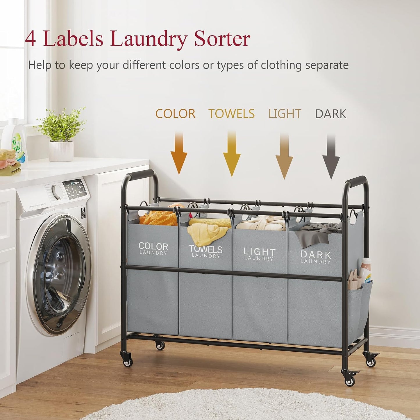 Tajsoon 4 Bag Laundry Sorter Cart, 4 Section Laundry Hamper Sorter with Heavy Duty Lockable Rolling Wheels, Laundry Separator Hamper with Removable Bags for Dirty Clothes Storage, Black