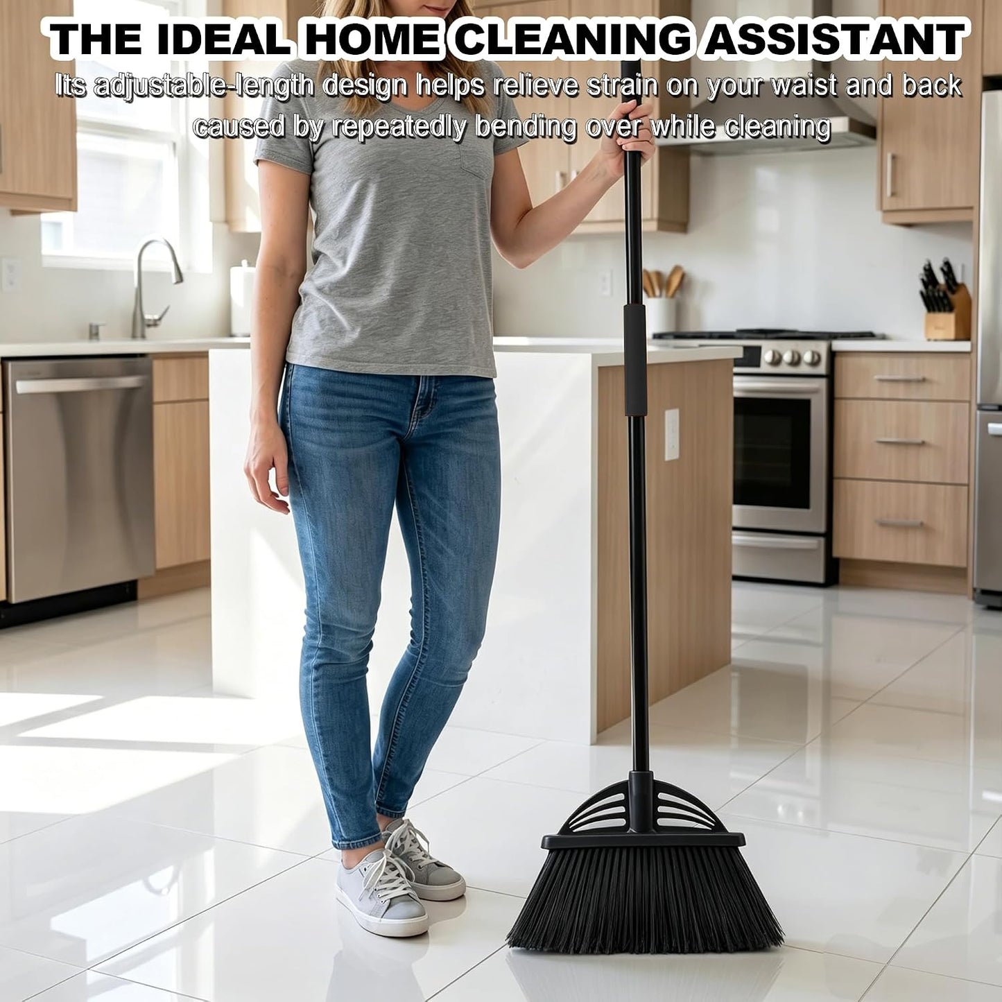 Heavy Duty Broom - 55 Inch Adjustable Long Handle Broom with EVA Soft Grip (Black)