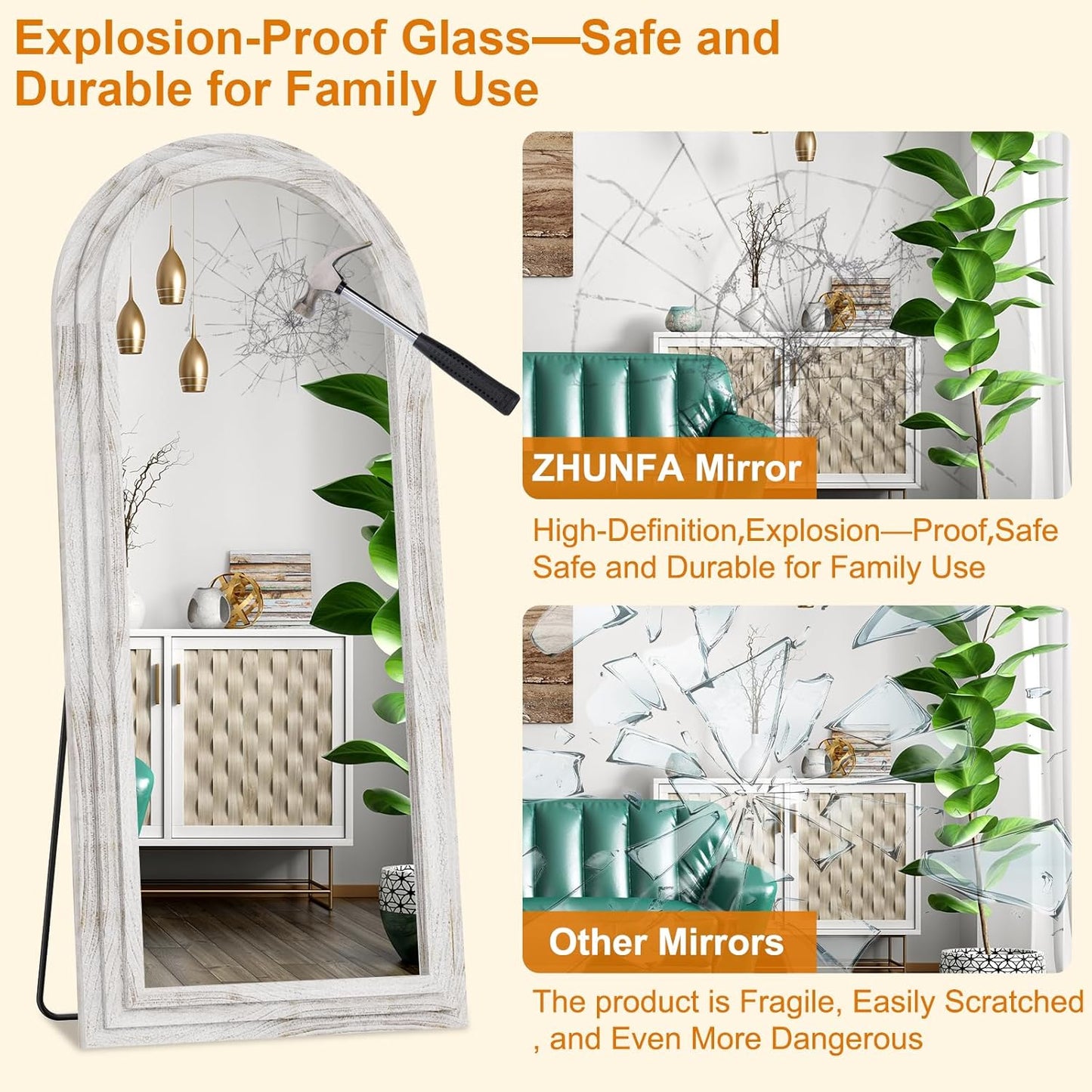 ZHUNFA Arched Full Length Mirror with Solid Wood Frame | 65x22 Farmhouse Wall Mirror Full Length with Stand, Vertical Hanging, Leaning Standing for Bedroom,Living Room, Rustic White