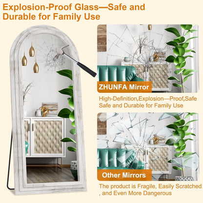 ZHUNFA Arched Full Length Mirror with Solid Wood Frame | 65x22 Farmhouse Wall Mirror Full Length with Stand, Vertical Hanging, Leaning Standing for Bedroom,Living Room, Rustic White