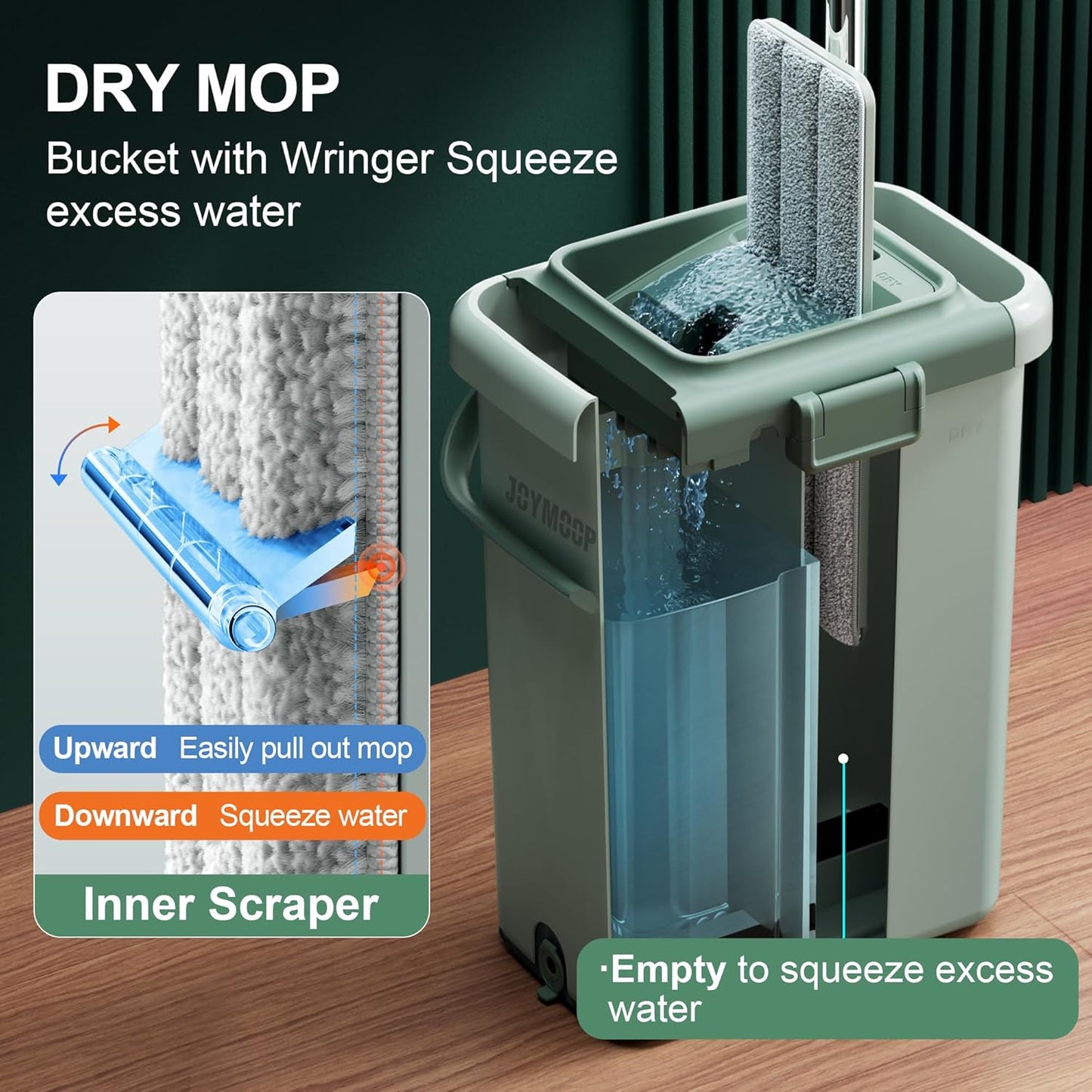 JOYMOOP Mop and Bucket Set, Flat Mops for Floor & Wall Cleaning, Commercial & Household Use, Hardwood Floor Mop with Long Handle & 4 Microfiber Pads