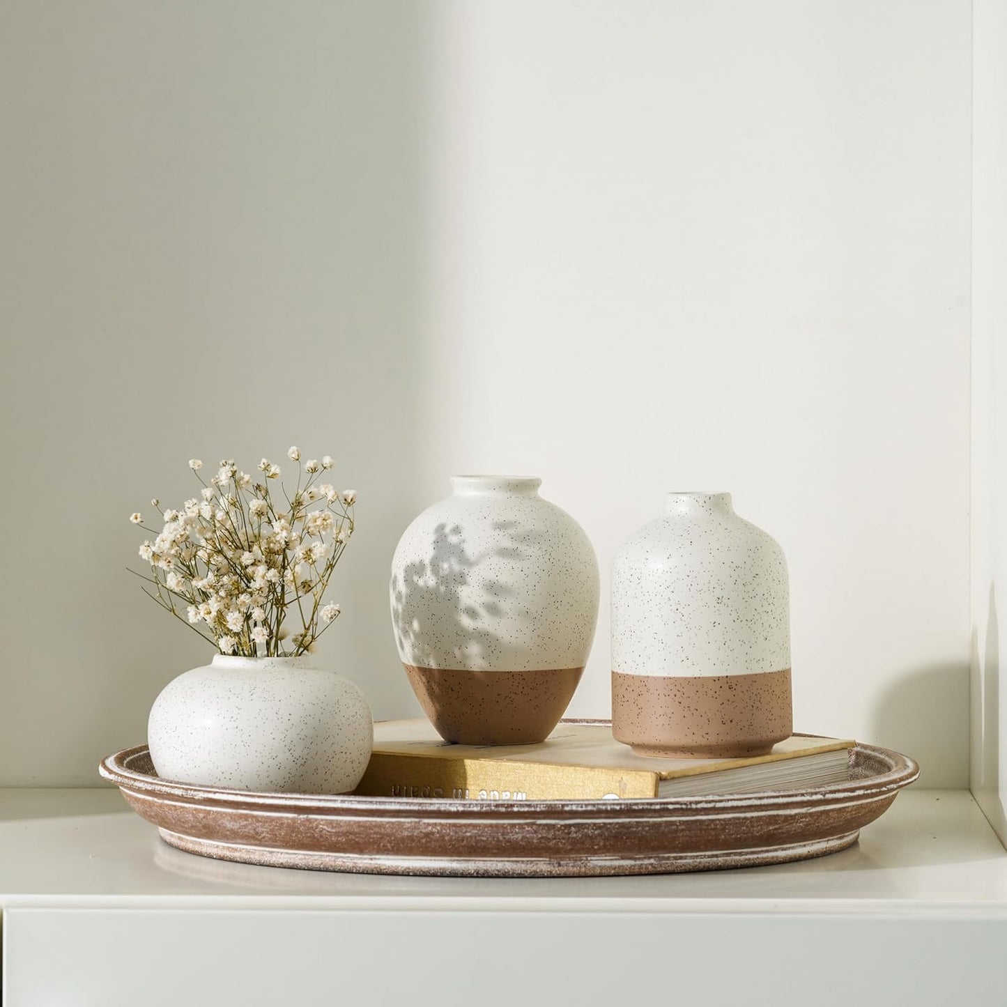 DN DECONATION Flower Vase Set of 3, Small Ceramic Vase Farmhouse Home Decor | Rustic Vases for Pampas Grass Dried Fresh Flowers, Living Room, Kitchen, Bedroom, Bathroom, Mantel Table Decor, Beige & Brown