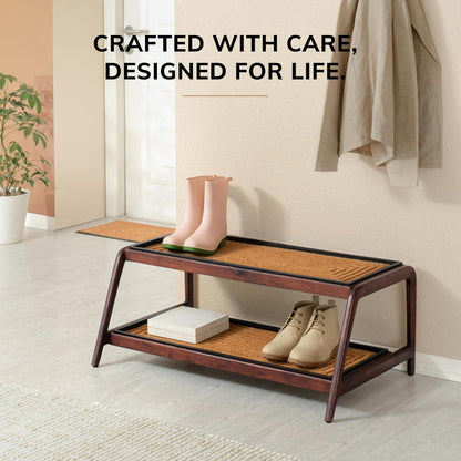 Anji Mountain Heavy Duty Waterproof Wooden Shoe Storage Mat Organizer/Boot Storage Tray Multi Use for Entryway with Coir, Gray and Ivory Insert, 1 Tier, Fits 2 Pair (26.5" Wide)