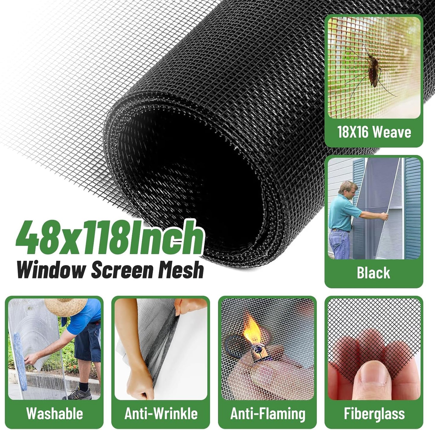 King&Charles Window Screen Door Repair/Replacement Kit, Includes Black Screen Mesh 48"x118"+ Versatile Screen Roller Tool+50Ft Spline+8Clips, Insect Screen, Pet Proof Window Mesh Kit
