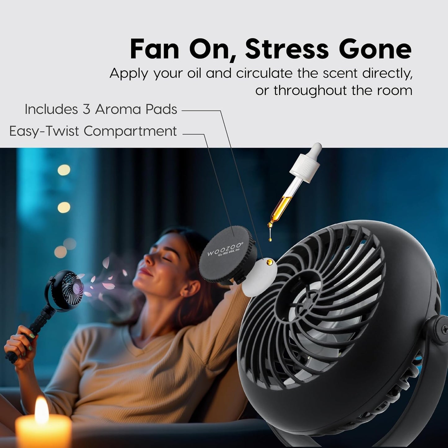 IRIS USA WOOZOO 3.5" Cordless Portable Clip On Fan, USB-C Rechargeable Fan, LED Light, Mosquito Repellent Tray, 360° Tilt, 3 Speeds,Bedside Kitchen Camping Golfing Outdoor Use, Black