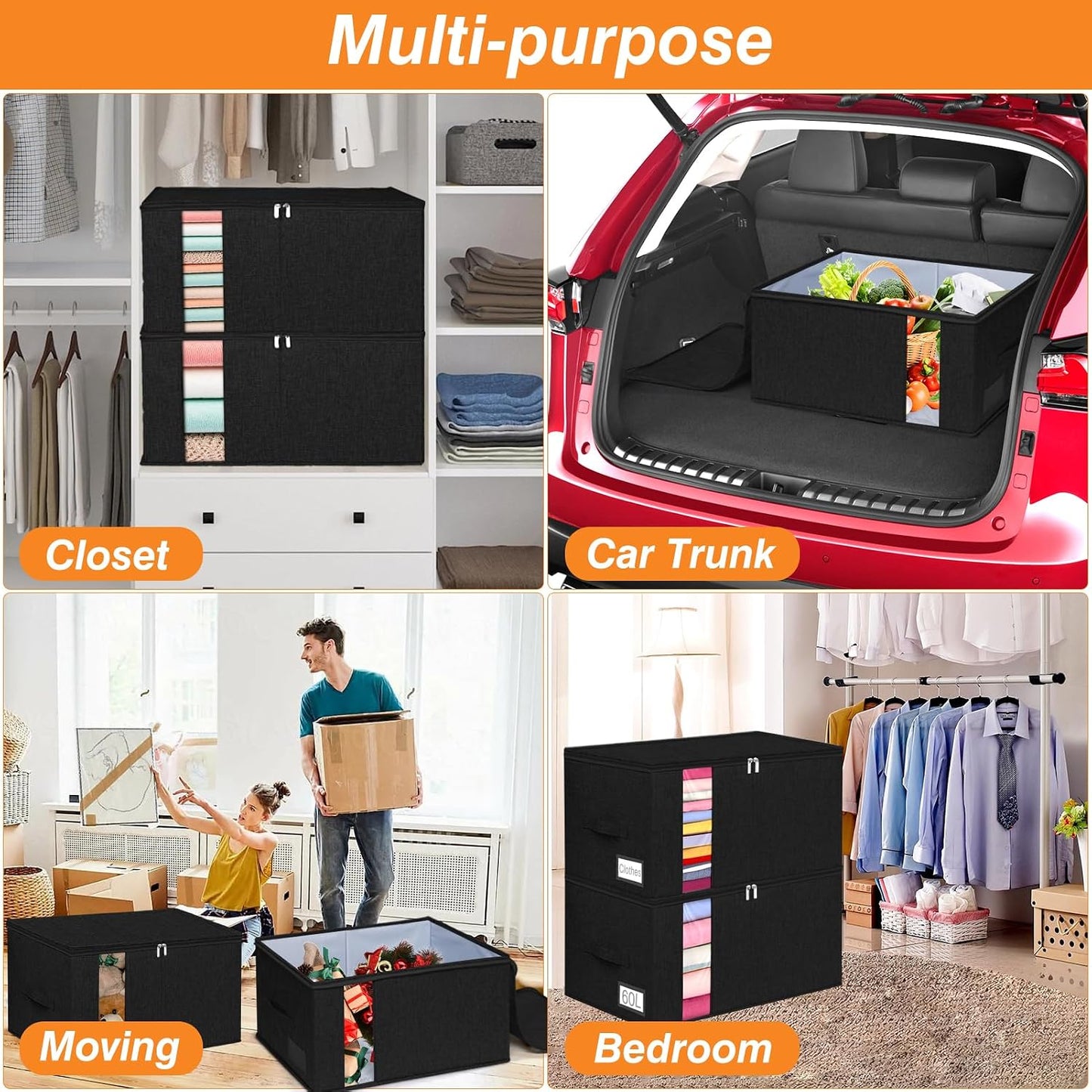 60L Blanket/Comforter Storage Bag w/Rigid Side & Bottom Support, Stackable Clothes Storage Bin for Sweaters Bedding Sets Quilts Pillows, Closet Organizer, 21.7x14.2x11.8in, 2 Pack, Gray