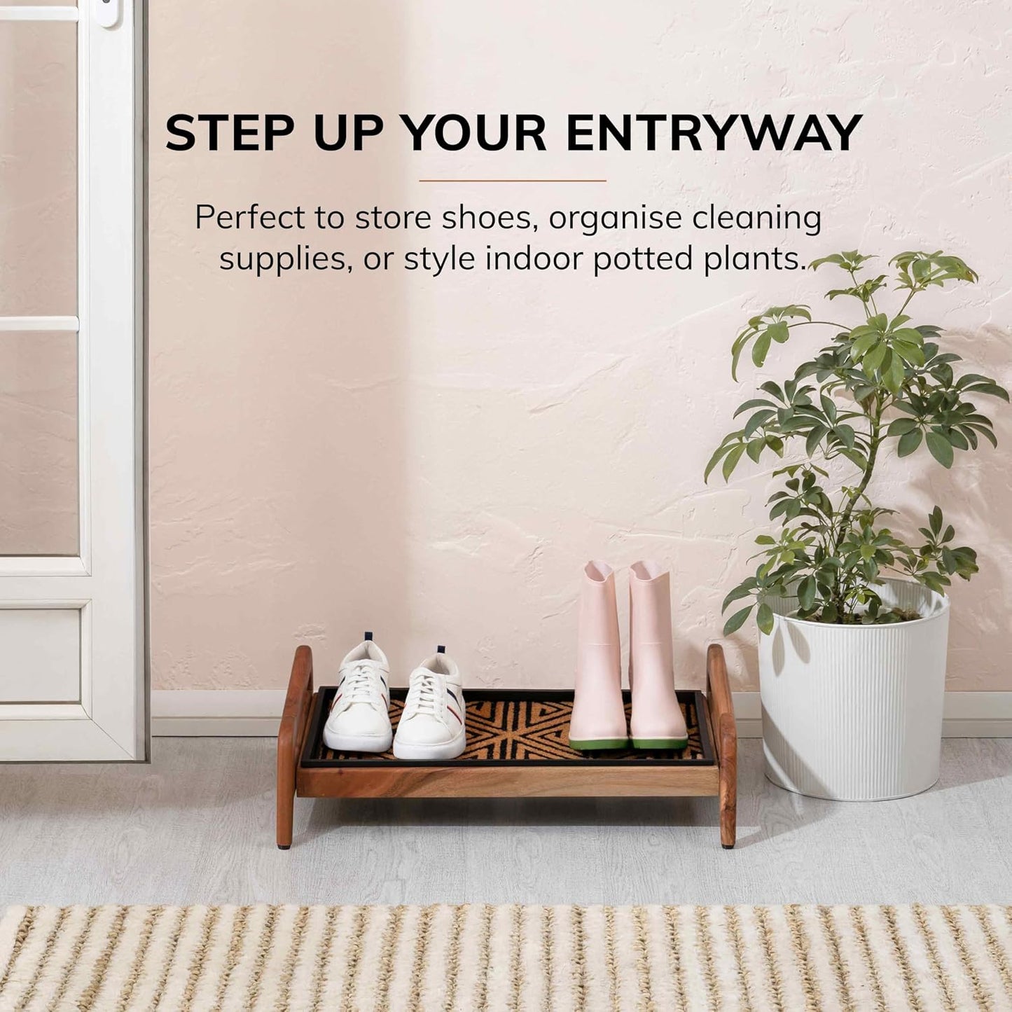 Anji Mountain Heavy Duty Waterproof Wooden Shoe Storage Mat Organizer/Boot Storage Tray Multi Use for Entryway with Coir, Tan Rectangle Embossed Insert, 1 Tier, Fits 2 Pair (26.5" Wide)