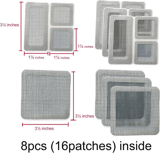 Window Screen Repair Kit Tape Patch, Grey 3.5 inches X3.5 inches 8pcs(16patches) -Fiberglass Breathable Waterproof & 𝗦𝘁𝗿𝗼𝗻𝗴 𝑨𝒅𝒉𝒆𝒔𝒊𝕧𝕖 Covering Wire mesh for Door tears Holes