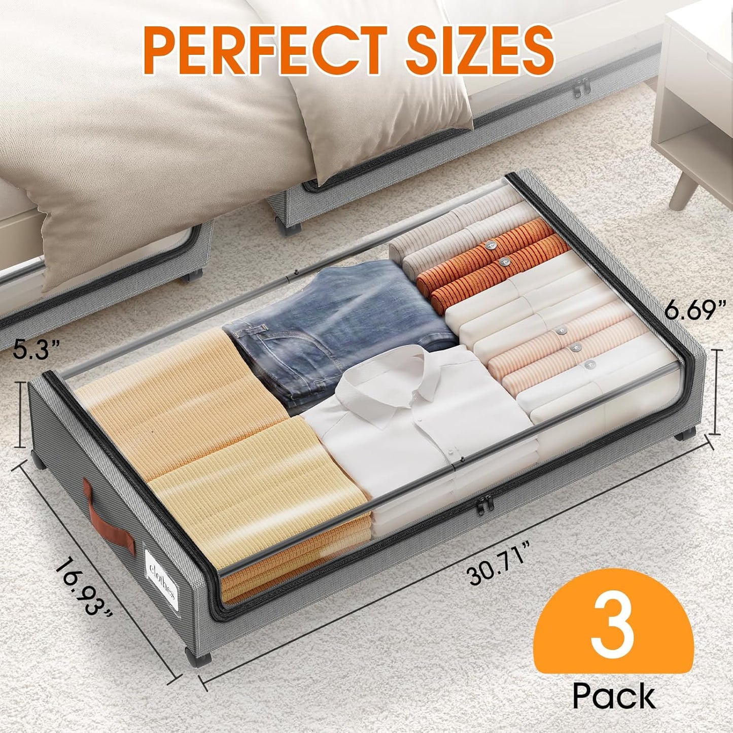 SpaceHacks Under Bed Storage with Wheels 2Pack Storage Containers with Clear Window&Label Under Bed Drawers Rolling Under Bed Storage for Clothes,Shoes, Blankets (30.71 x 16.93 x 6.69 in, Dark Grey)