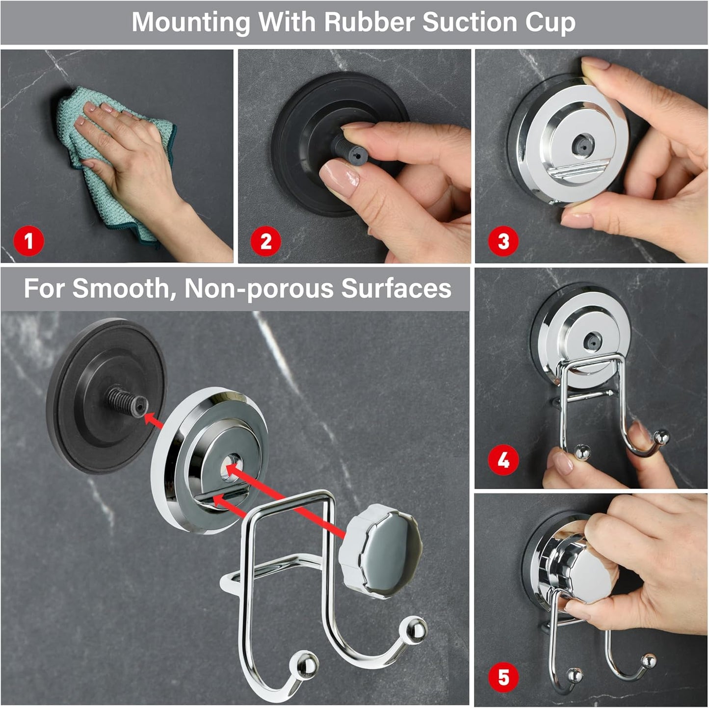 HASKO Suction Cup Hooks for Shower Wall, Removable Towel Hooks for bathrooms, Includes Optional No Drill Adhesive Mount for Inside Shower, Rustproof Stainless Steel - 2 Pack, Bronze