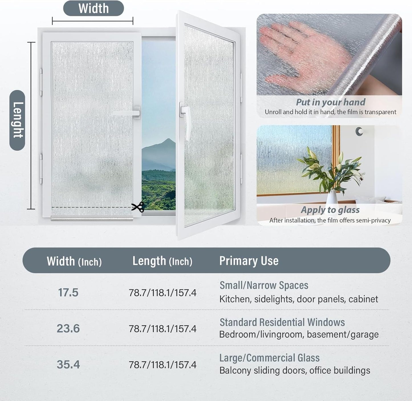 LUTE Reeded Glass Window Privacy Film, Frosted Glass Film, Removable 3D Decorative Decals Sun Blocking Anti UV Door Window Cover, No Glue Static Cling Vinyl for Bathroom Home Office, 17.5" x 78.7"