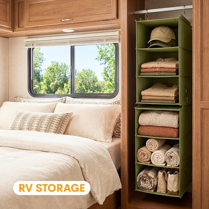 Extra Deep Hanging Closet Organizers and Storage, 2 Pack 3-Shelf | Separable Hanging Shelves with Linen Texture, Foldable & Space-Saving, For Clothes, Handbags, Hats, Closet, Dorm, RV, Green