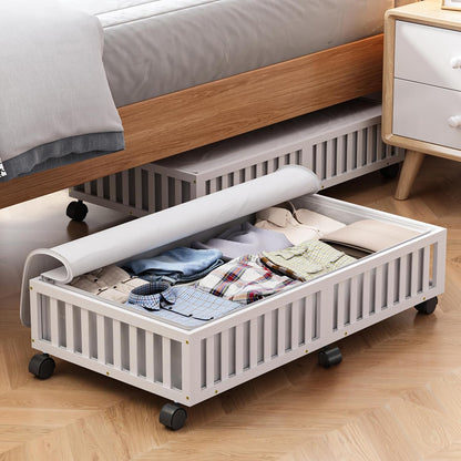 Bamboo Under Bed Storage Containers with Wheels, 2 Pack Under the Bed Shoe Storage Bins, Wood Rolling Underbed Drawers with Bag Organizer for Bedroom, Sheets Clothes Blanket Comforter, Under Crib Toy