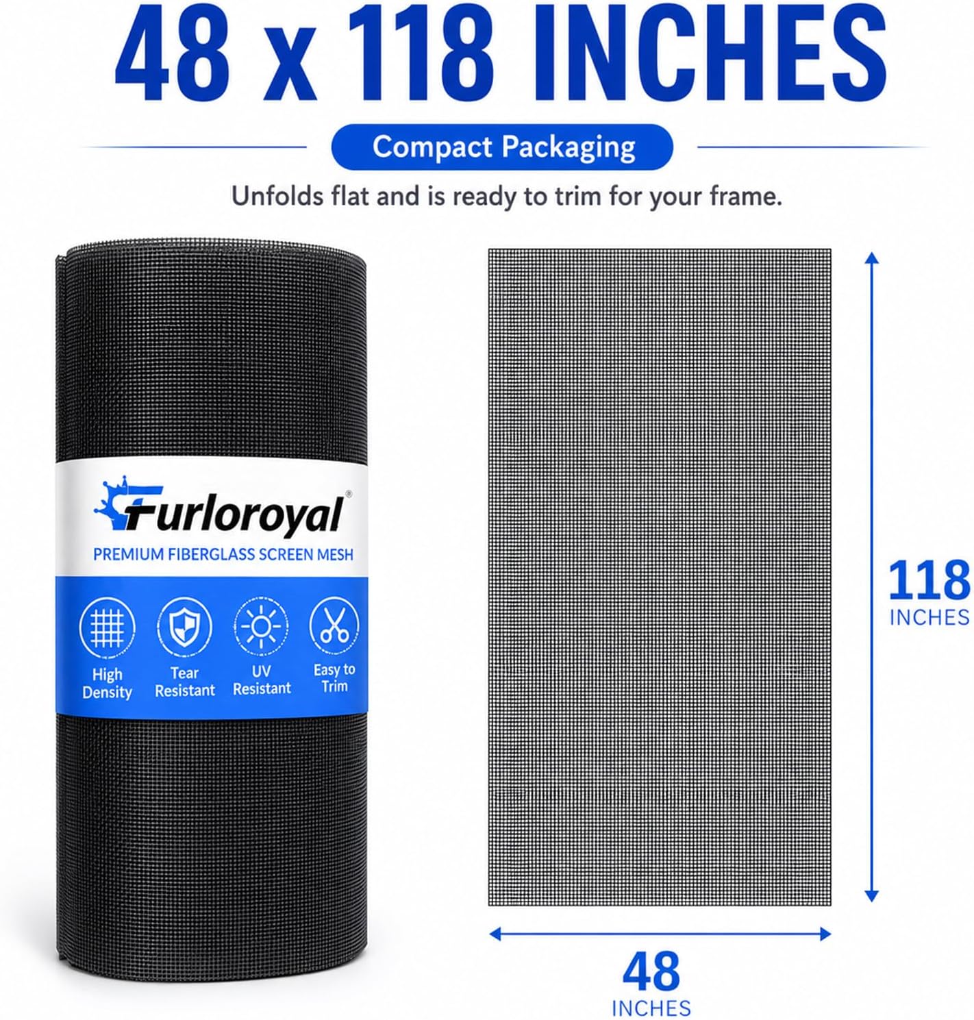48" x 118" Window Screen Replacement Mesh, Black Fiberglass Screen for Window & Screen Door Repair, Durable High Visibility Mesh for Patio, Sliding Door & Window Screens
