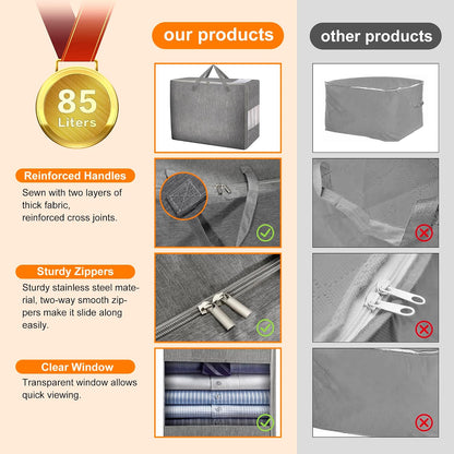 3 Pack 105L Comforter Storage Bags, Extra Large Bedding Storage Bags with Card and Clear Window, Reinforced Handles & Zippers, Foldable Closet Organizers for Blanket Pillow Clothes