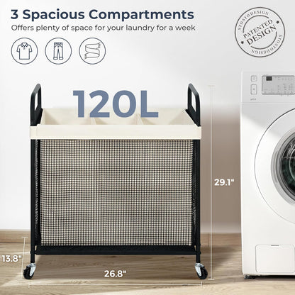 STO STO Laundry Hamper 3 Section, 120L Rolling Laundry Sorter Cart with Removable and Washable Liner Bag, Clothes Hamper with Wheels and Metal Handle for Laundry Room and Bedroom