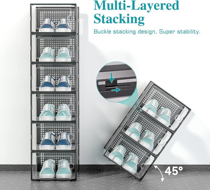 Kuject 12 Pack Large Shoe Boxes, Clear Stackable Containers with Lids,Black | Shoe organizers for closet & entryway, under-bed,Drop-front design fits women's size 10