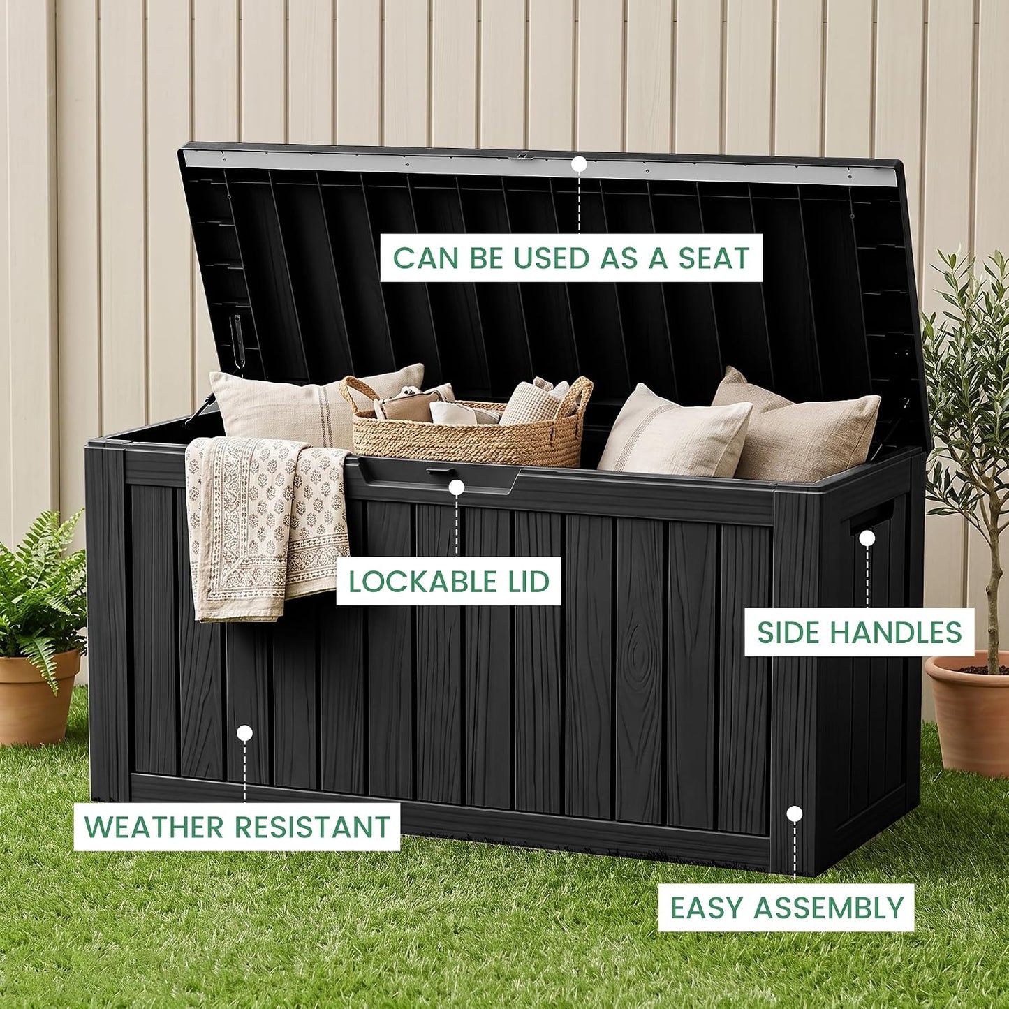 100 Gallon Storage Box, Waterproof Resin Deck Box with Hydraulic Piston Design, Lockable Storage Bench for Package Delivery, Storage Bin for Patio Cushions, Garden Tools, Black
