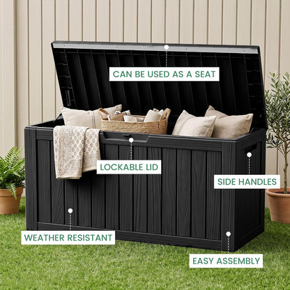 100 Gallon Storage Box, Waterproof Resin Deck Box with Hydraulic Piston Design, Lockable Storage Bench for Package Delivery, Storage Bin for Patio Cushions, Garden Tools, Black