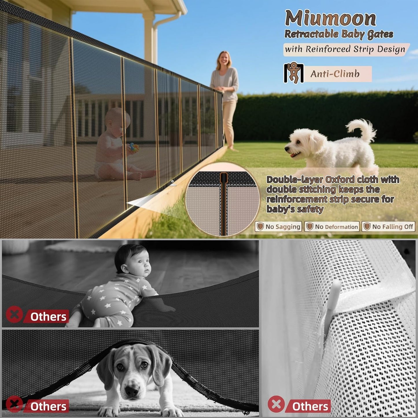 Miumoon 50 inch Retractable Baby Gates 34 inch Tall, Retractable Gate with Reinforced Strip Design to Prevent Crawling Through, Retractable Dog Gate for Stairs, Doorways, Hallways