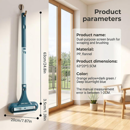 Window Screen Cleaner Tool Outdoor Mesh Cleaning Brush Full Crystal Glass Door LCD Track Hose Washer Windshield Clean 2-in-1 Multi-Purpose Double-Sided Kit with Vacuum Squeegee Handle(Blue)