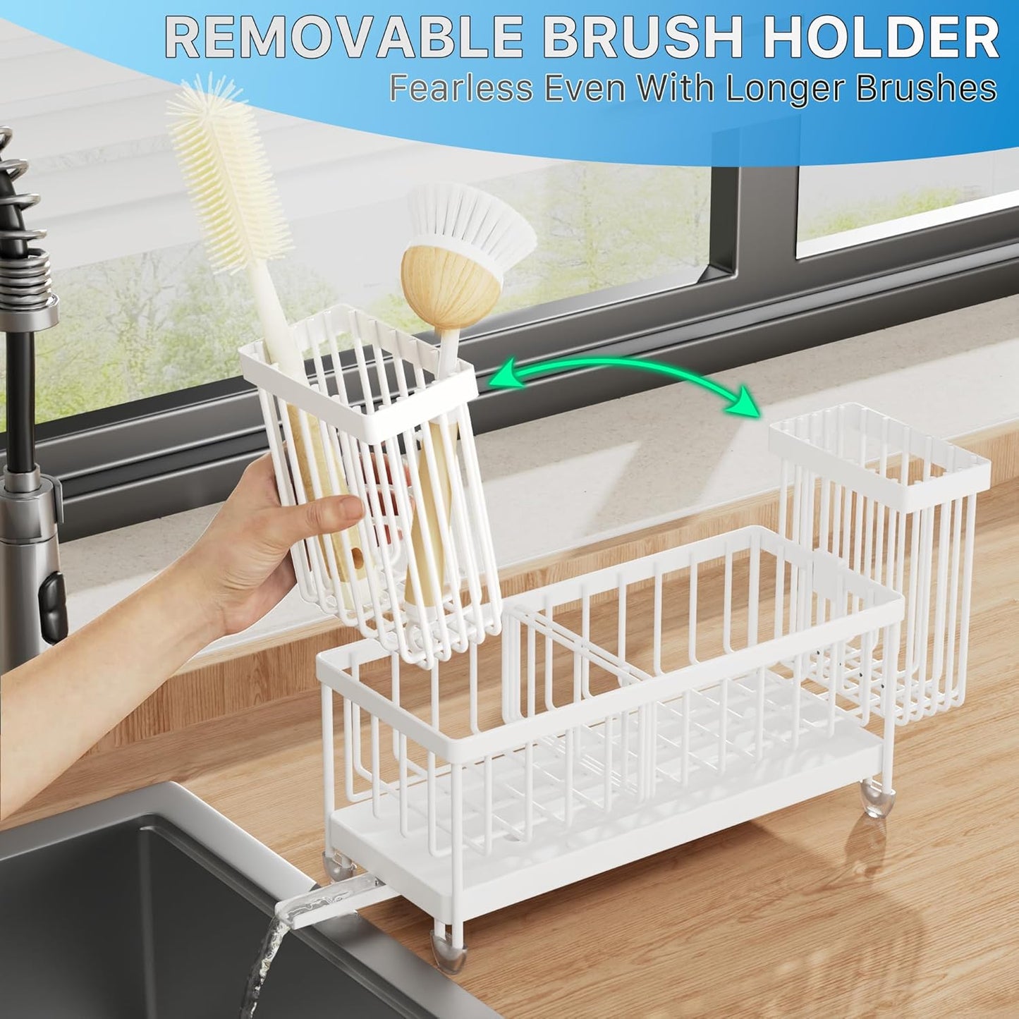 Cisily Sponge Holder for Kitchen Sink, Sink Caddy Organizer with High Brush Holder, Kitchen Countertop Organizers and Storage Essentials, Rustproof 304 Stainless Steel (Black, 9.25″)