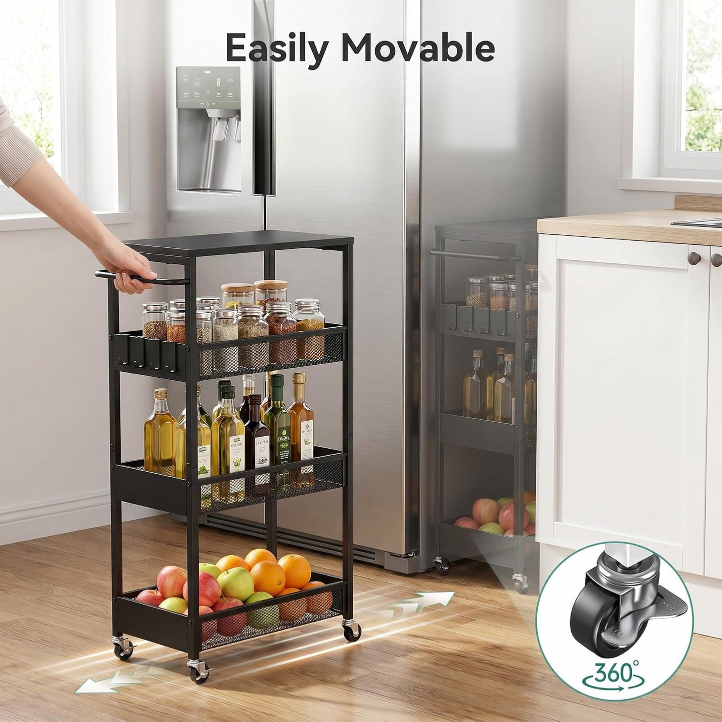 Vincona 7.1" Wide Slim Storage Cart on Wheels, 4 Tier Metal Narrow Rolling Cart with Handle and Wood Top, Multifunctional Small Mobile Shelf Unit Organizer Trolley for Laundry, Bathroom, Kitchen
