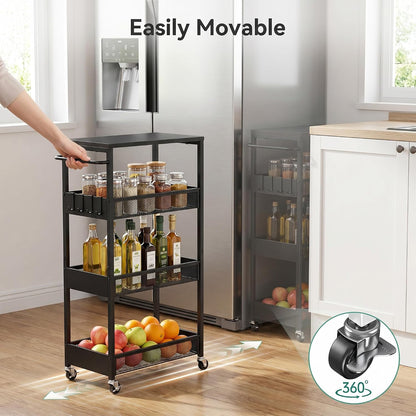 Vincona 7.1" Wide Slim Storage Cart on Wheels, 4 Tier Metal Narrow Rolling Cart with Handle and Wood Top, Multifunctional Small Mobile Shelf Unit Organizer Trolley for Laundry, Bathroom, Kitchen