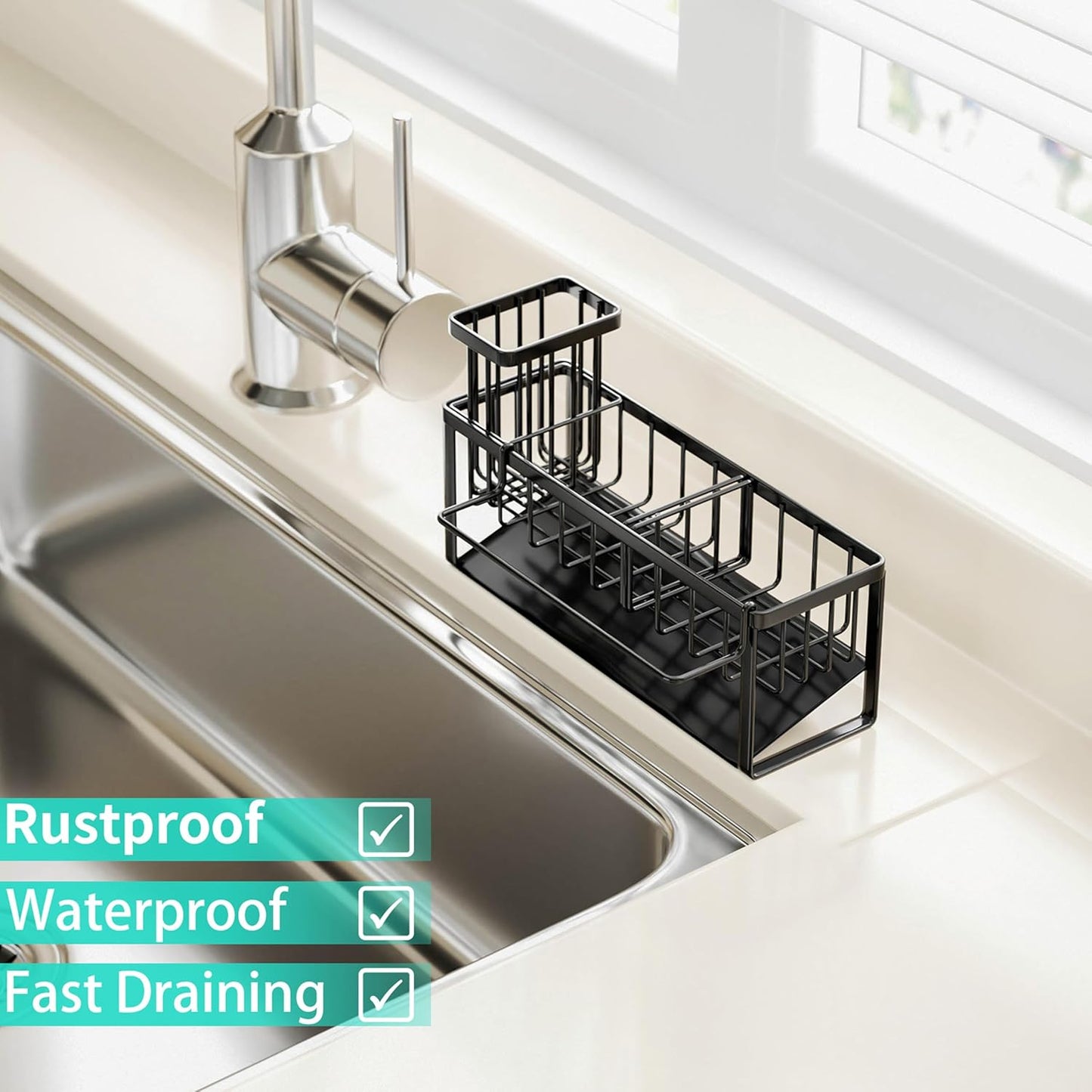 HapiRm Sponge Holder for Kitchen Sink - Self-draining Sink Caddy with Brush and Dishcloth Holders, Stainless Steel Kitchen Countertop Organizers and Storage Essentials - Black