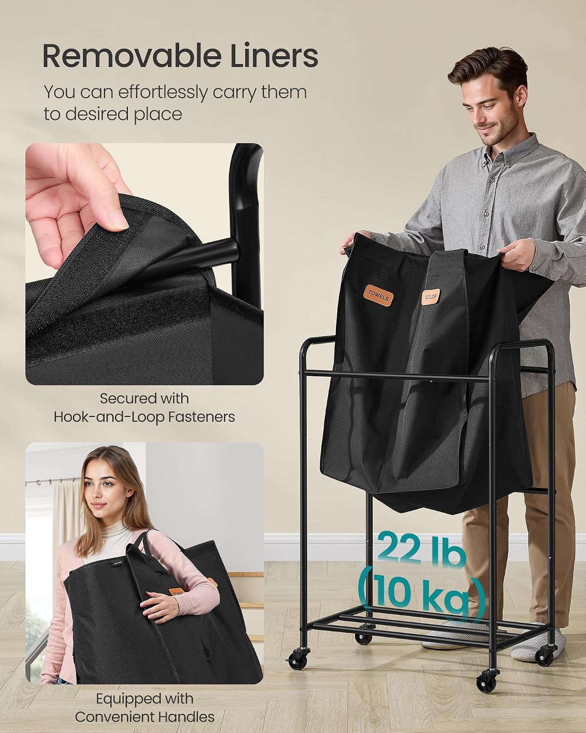 SONGMICS 3-Section Laundry Sorter, Laundry Hamper with Wheels, Rolling Clothes Hamper Cart with Large Capacity and Removable Bags, for Laundry Room, Bedroom, Bathroom, Ink Black URLS330B01