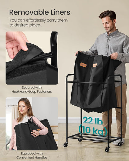 SONGMICS 3-Section Laundry Sorter, Laundry Hamper with Wheels, Rolling Clothes Hamper Cart with Large Capacity and Removable Bags, for Laundry Room, Bedroom, Bathroom, Ink Black URLS330B01