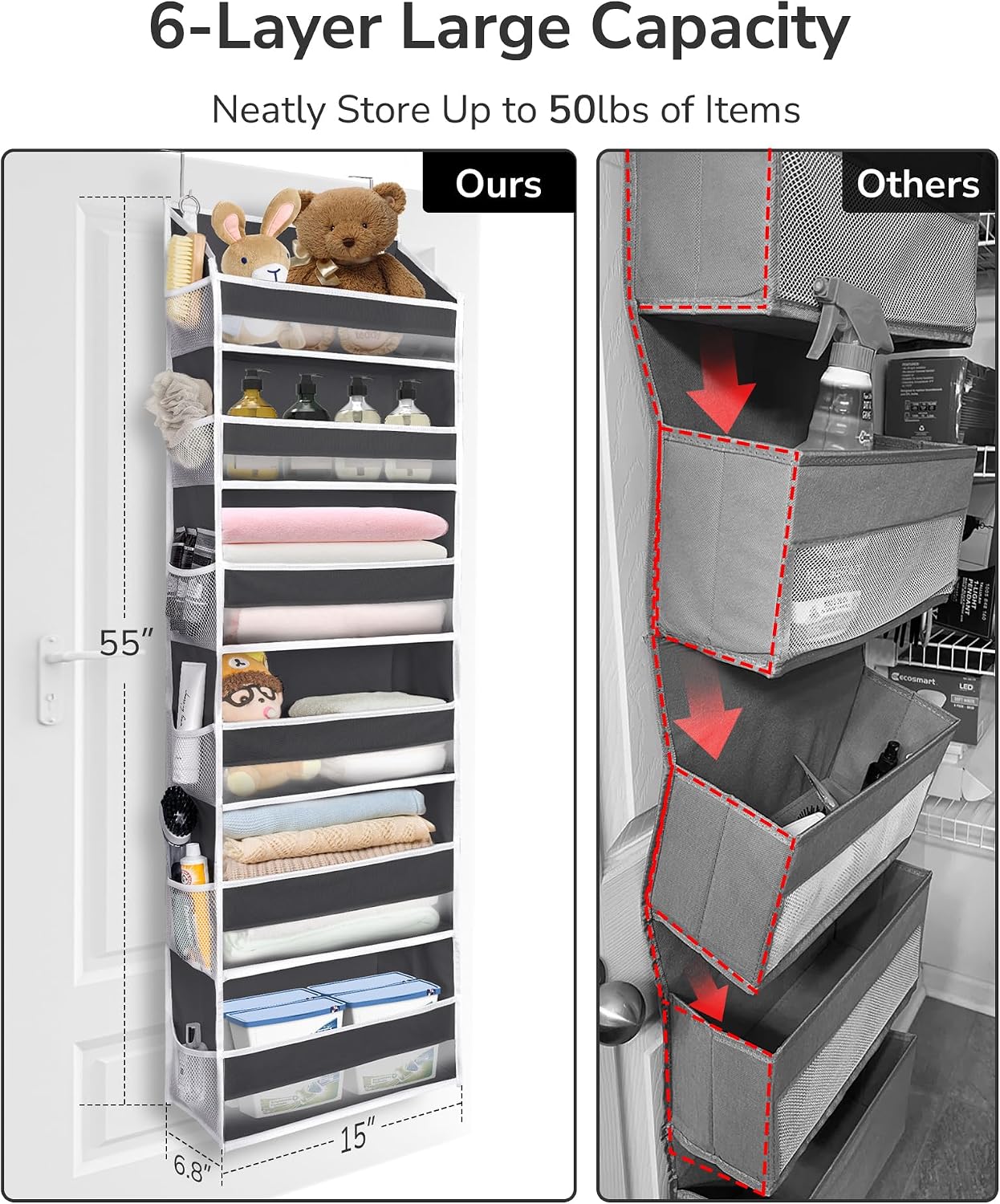 ULG Over The Door Organizer with 6 Large Pockets 12 Side Pockets, 50lbs Weight Capacity Door Hanging Organizer for Bedroom, Bathroom, Pantry, Nursery Storage, Beige