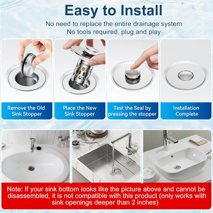 Bathroom Sink Drain Strainer,All Metal Pop-Up Sink Stopper with Removable Stainless Steel Filter Basket, Universal Bathroom Hair Catcher Fit for 1.1-2.36'' Drain (Silver, 2 Pack)