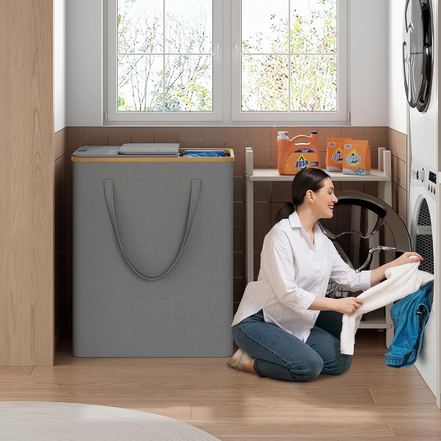 175L Laundry Hamper with Lid 3 Section, Extra Large Laundry Basket with 3 Removable Bags, 46 GAL Laundry Basket Organizer for Bedroom, Laundry Room, Dorm, Grey
