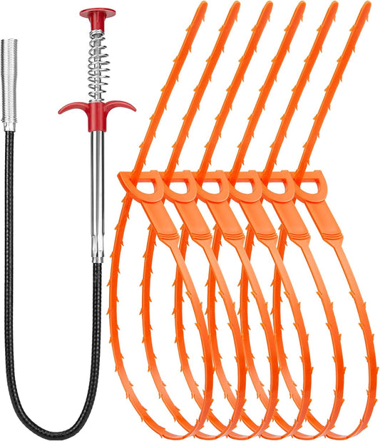 Oanie 7 Pack Drain Cleaner - 25inch Hair Clog Remover Tool, Sticks To Drain Hair, Sink Snake for Shower, Kitchen Sink, Bath Tub, Bathroom