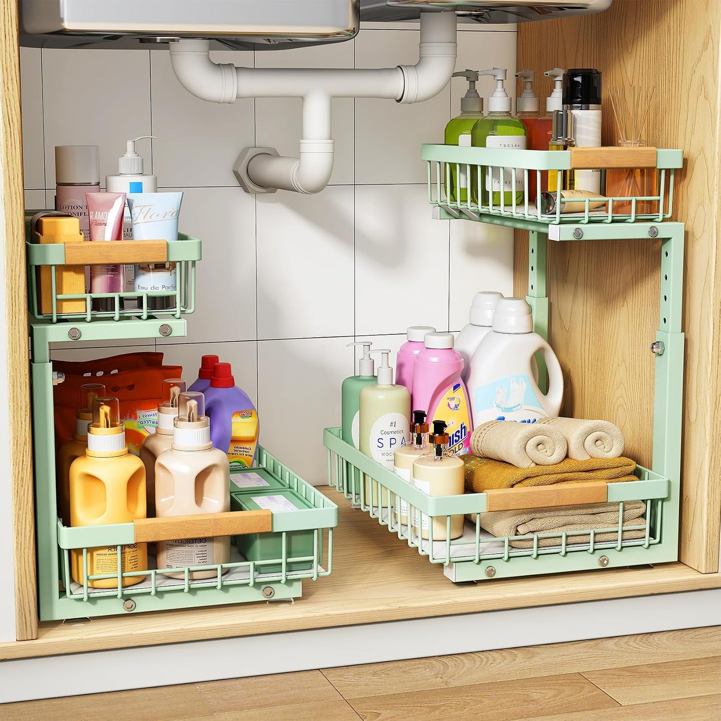 PXRACK Under Sink Organizer, Adjustable Height, 2 Tier Pull Out Under Cabinet Organizer, Slide Out Thickened Metal Under Sink Storage for Kitchen Bathroom Laundry Pantry Cabinet, White, Large-1-Pack