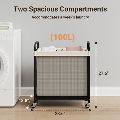 ELYKEN Laundry Hamper 3 Section, 120L Rolling Laundry Sorter with Removable Liner Bag, Laundry Basket with Wheels, Steel Frame with Metal Handle, Clothes Hamper Cart for Laundry Room & Bedroom