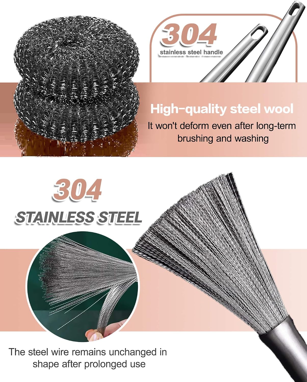 8 Pcs Steel Wool Scrubbers with 2 Pcs Handle,Stainless Steel Scouring Pads for Cast Iron Skillets, Grill & Kitchen Pots - Rust Resistant, Non-Splintering Heavy Duty for Tough Grease