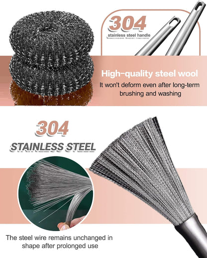 8 Pcs Steel Wool Scrubbers with 2 Pcs Handle,Stainless Steel Scouring Pads for Cast Iron Skillets, Grill & Kitchen Pots - Rust Resistant, Non-Splintering Heavy Duty for Tough Grease