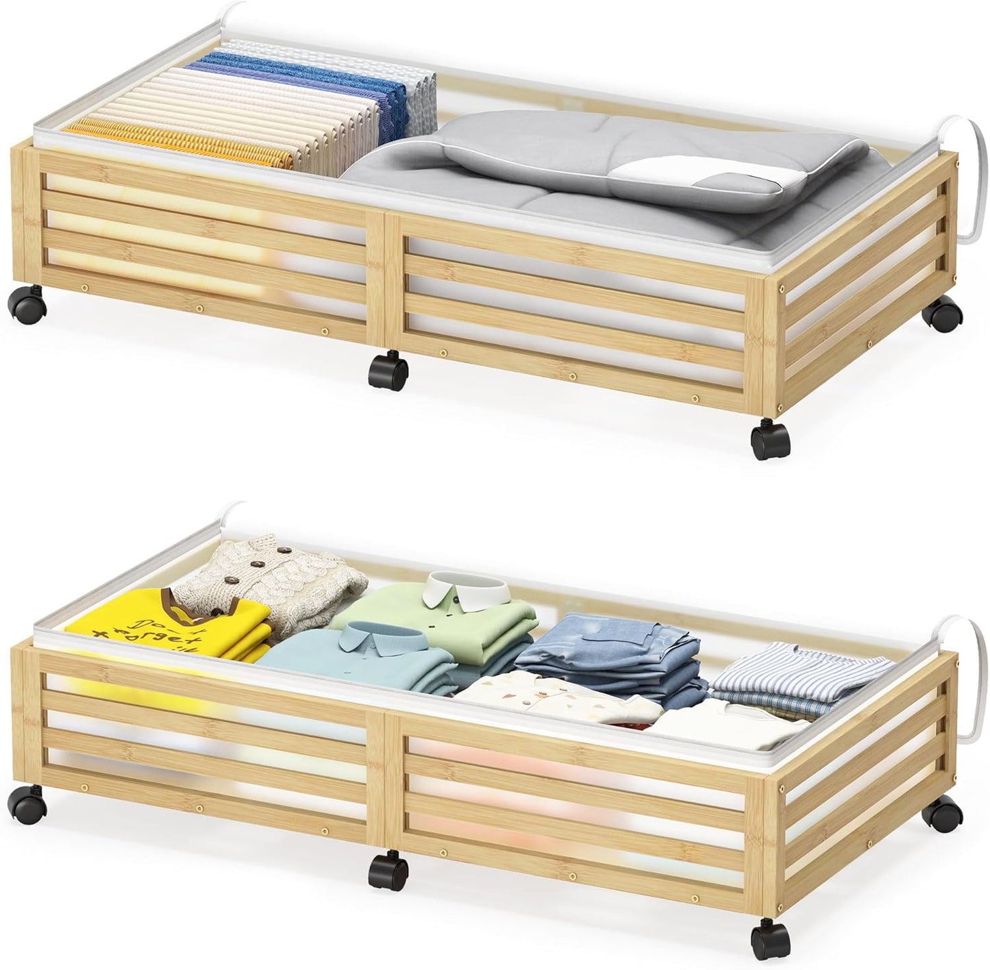 Under Bed Storage Containers With Wheels - 2 Pcs Bamboo Wood Rolling Underbed Shoe Storage Bins With Dust Bags for Clothes Blankets, Duvet Covers Snacks Toys (Natural)