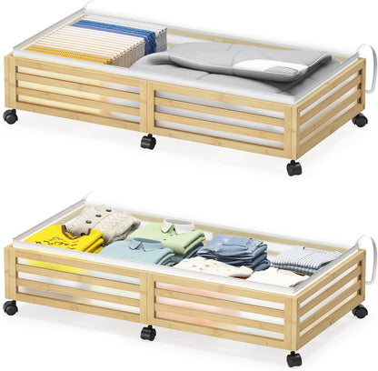 Under Bed Storage Containers With Wheels - 2 Pcs Bamboo Wood Rolling Underbed Shoe Storage Bins With Dust Bags for Clothes Blankets, Duvet Covers Snacks Toys (Natural)