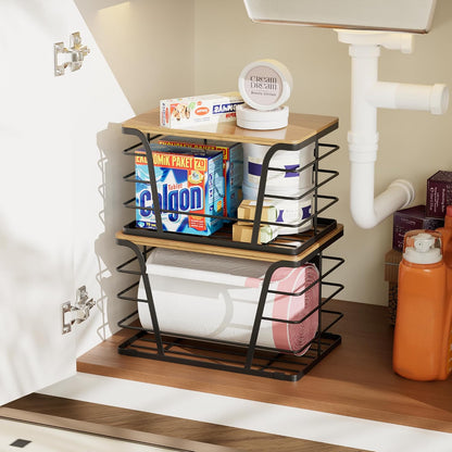 TIDIIABODE 2 Pack Stackable Storage Laundry Kitchen Organizers, Wall Mount Trash Bag Holder with Bamboo Top and Garbage Bag Dispenser No Drill
